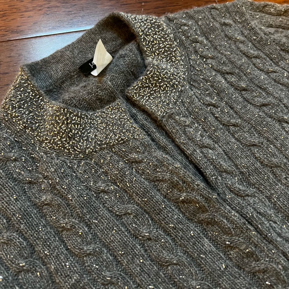 J CREW Vintage Beaded Cable Cardigan Sweater Cashmere‎ Merino Angora Dainty L